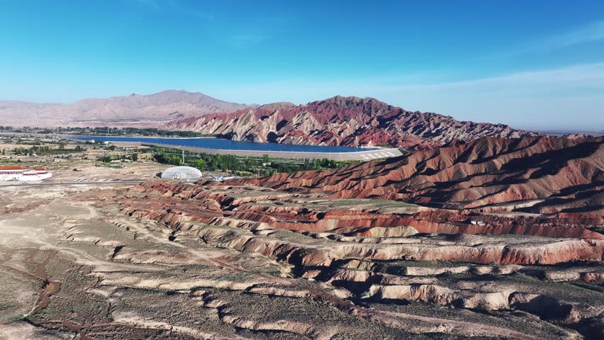 Colorful Danxia landform mountain natural landscape in Xinjiang. Unique geographical scenery in China.