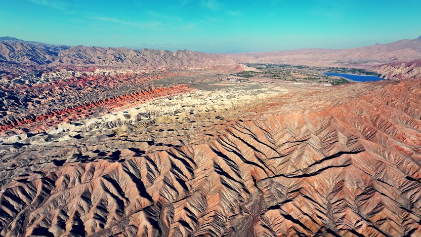 Colorful Danxia landform mountain natural landscape in Xinjiang. Unique geographical scenery in China.