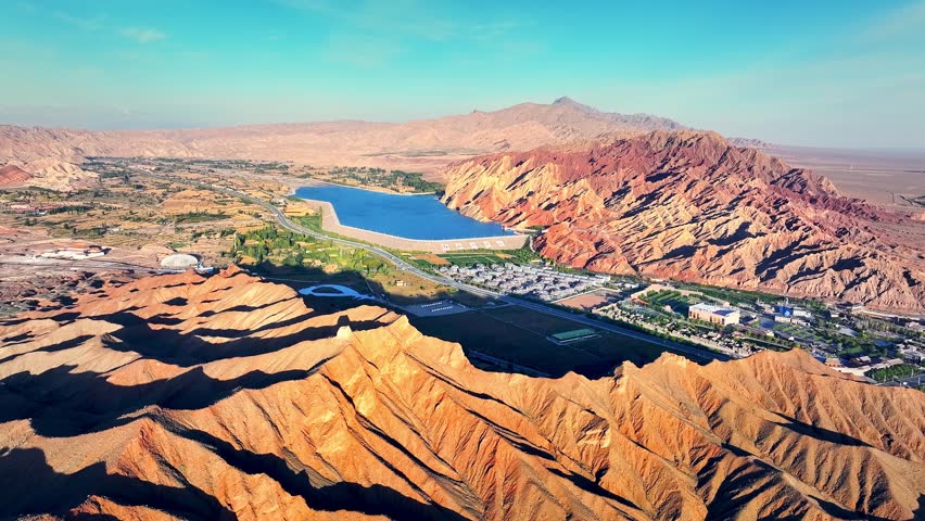 Colorful Danxia landform mountain natural landscape in Xinjiang. Unique geographical scenery in China.