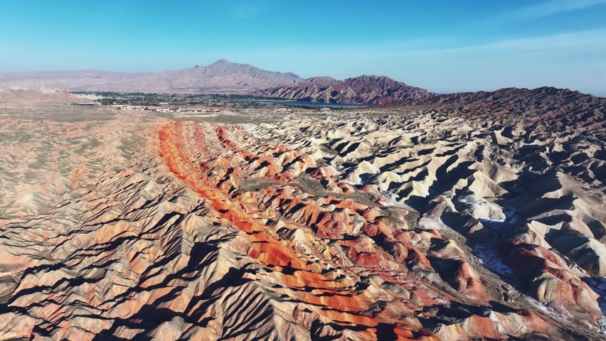 Colorful Danxia landform mountain natural landscape in Xinjiang. Unique geographical scenery in China.