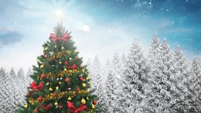 Festive animation of a glowing Christmas tree with lens flare in front of a snow‑covered conifer forest, featuring a “Merry Christmas” greeting. Perfect for holiday cards, intros, social media, and se - Powered by Shutterstock - Get 15% off with code: PIKWIZARD15