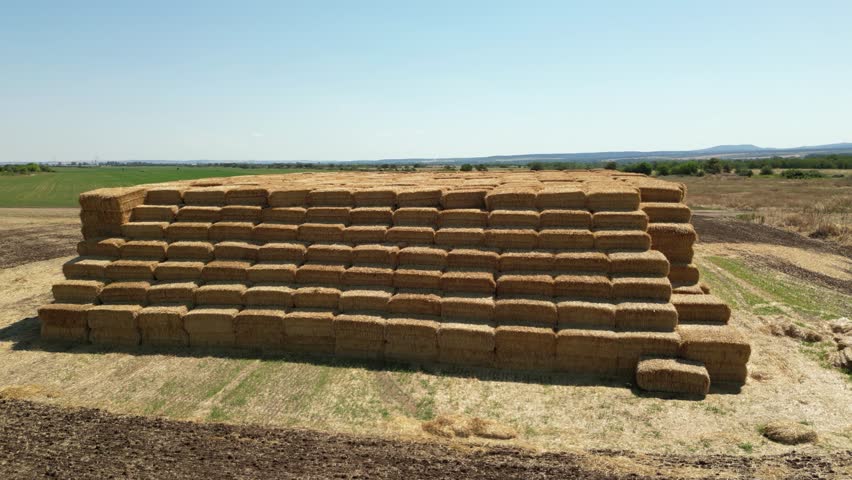 Drone aerial view of stacked rectangular hay bales collected after harvest on farmland, showcasing agricultural production, crop residue management, livestock feeding, and countryside rural environmen