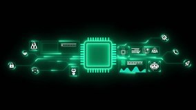 abstract glowing NFT processor with connections and signals. Technology NFT background. Pulses and signals from the chip propagate through the motherboard. 4k animation isolated on black backgound. - Powered by Shutterstock - Get 15% off with code: PIKWIZARD15