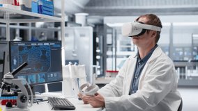 Researcher using VR headset in lab to explore 3D interactive simulations of biochemistry and nanotechnology. Gadget demonstrates innovation in science and advanced research for medicine. Camera B. - Powered by Shutterstock - Get 15% off with code: PIKWIZARD15