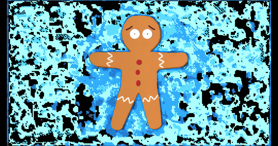 Glitching blue pixels starting gingerbread cookie moving arms, tilting head visualizing animation. Digital, animation, character, contemporary, abstract, dynamic, playful