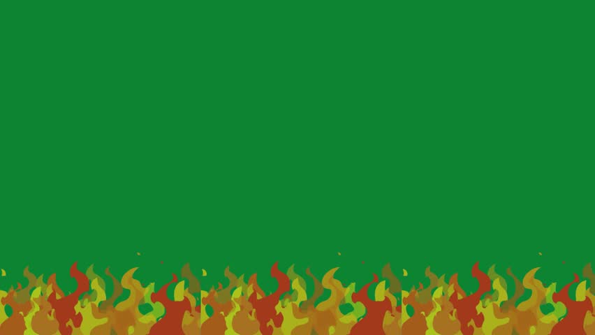 Animated cartoon fire flames forming a dynamic lower border on green screen. Seamless loop for overlays, special effects, energetic themes, or decorative elements. Easy compositing.