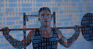 Gym-goer gripping barbell at squat rack, lifting overhead with binary overlay showing fitness data. Strength, fitness, training, power, determination, muscular, athletic - Powered by Shutterstock - Get 15% off with code: PIKWIZARD15