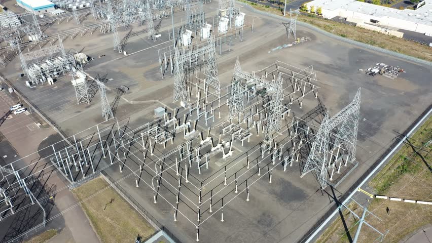 4K aerial drone footage of large electric power substation and high voltage power lines in Hillsboro Oregon, showing transmission towers, transformers, and distribution infrastructure from above