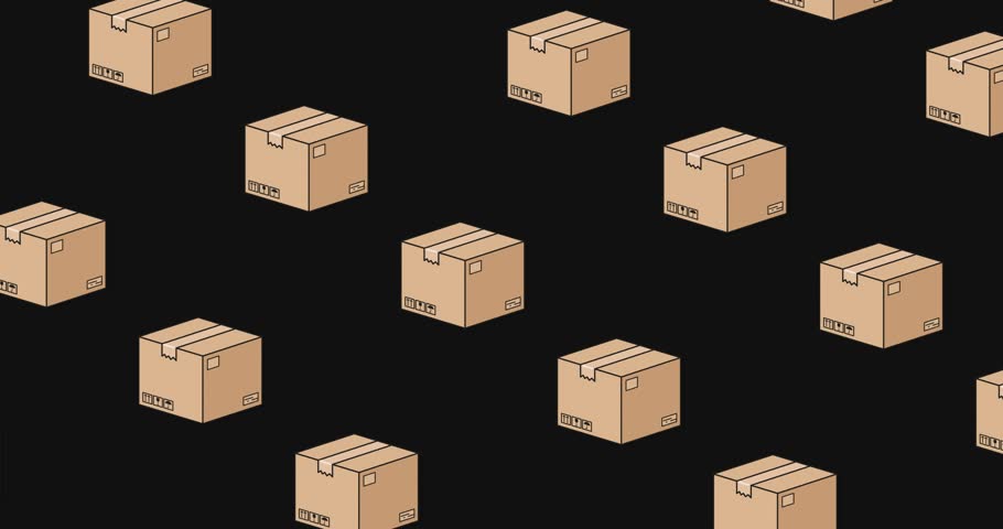 Cardboard shipping boxes moving intertwined on a black background