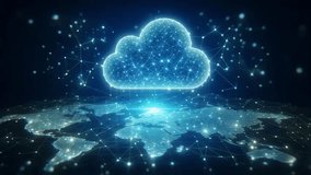animation featuring a glowing, digital cloud icon hovering above a futuristic world map, symbolizing global data and network connections - Powered by Shutterstock - Get 15% off with code: PIKWIZARD15