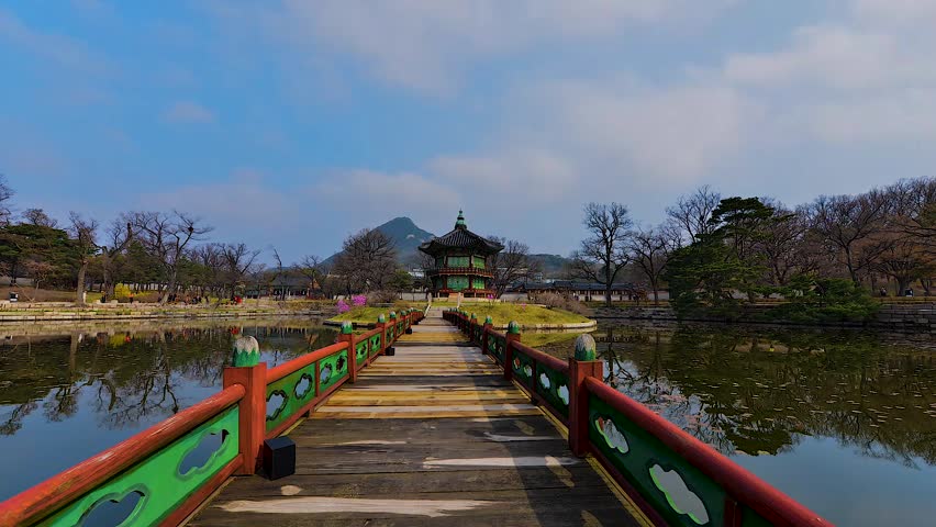 Autumn landscape with Hyangwonjeong Pavilion in Gyeongbokgung Palace, Seoul, South Korea.