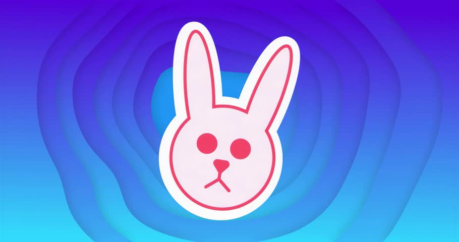 At third second fading bunny icon into blue then restoring pink then dissolving revealing backdrop. Minimalist, abstract, vibrant, digital, playful, dynamic, geometric