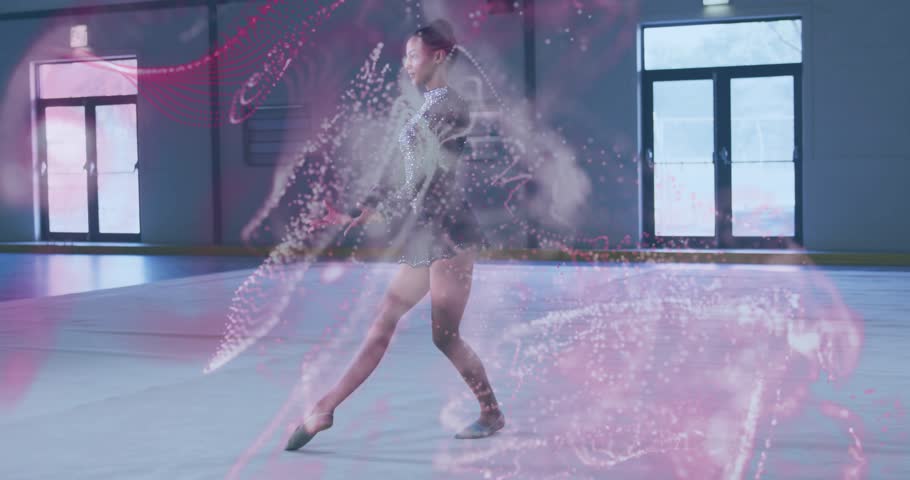 Rhythmic gymnast entering gymnasium from left sparking swirling pink graphic for arabesque step. Dance, flexibility, motion, performance, athleticism, elegance, digital art