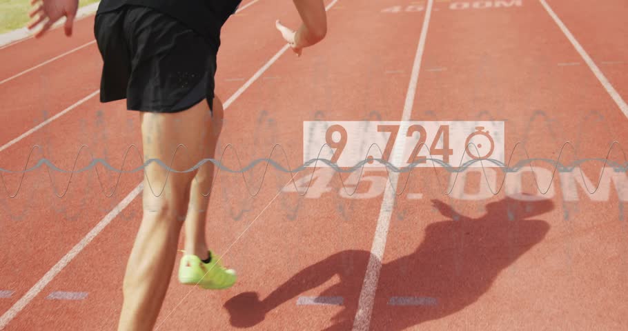 Sports timer starting male athlete sprinting past 55m with updating time distance waveform overlays. Performance, speed, athleticism, competition, fitness, biomechanics, outdoor