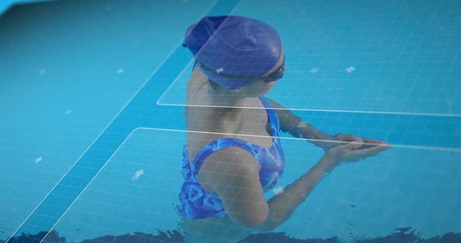 Female swimmer cupping starting front crawl with leg kicking, overlays tracking sports performance. Athletic, fitness, endurance, movement, digital, training, performance