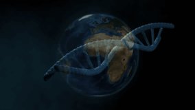 With globe rotating blue DNA helix emerging right curving and rotating to illustrate gene structure. Molecular, biotech, futuristic, innovation, science, space, technology - Powered by Shutterstock - Get 15% off with code: PIKWIZARD15