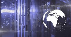 Viewing server racks map and globe emerging rainbow arc sweeping lights pulsing visualizing network. Technology, connectivity, innovation, cyberspace, data, digital, futuristic - Powered by Shutterstock - Get 15% off with code: PIKWIZARD15