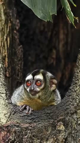 Vibrant Night Monkey Portrait Peeking from Dark Tree Hole at Dusk, Close-up of Endangered Nocturnal Primate with Striking Orange Eyes