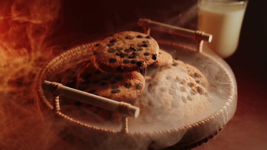 Freshly baked cookies with chocolate chips and steaming aroma from the basket