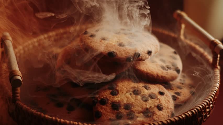 Freshly baked chocolate chip cookies steaming in a woven basket