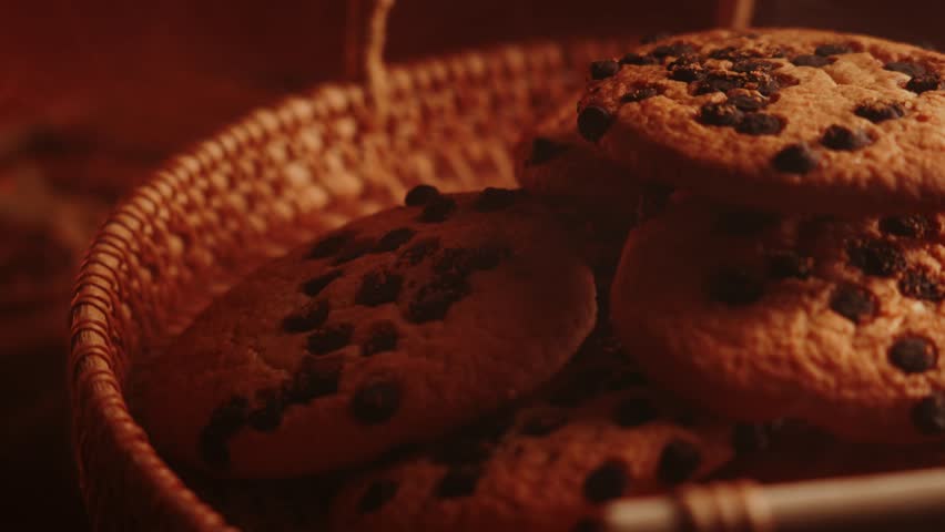 Freshly baked chocolate chip cookies in a cozy kitchen environment