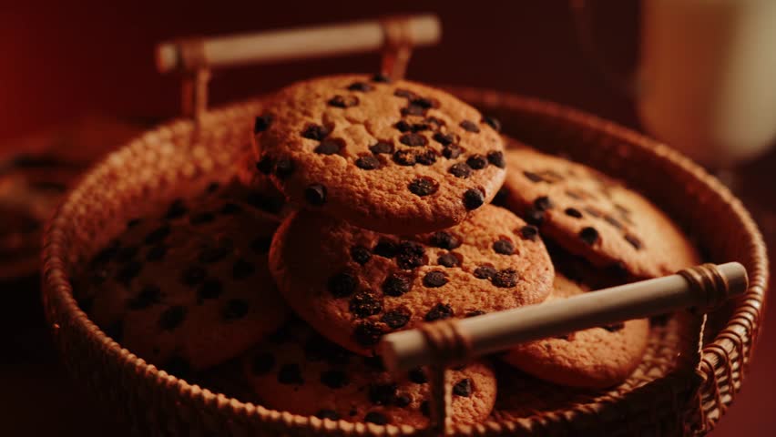 Freshly baked cookies with chocolate chips in a cozy kitchen setting