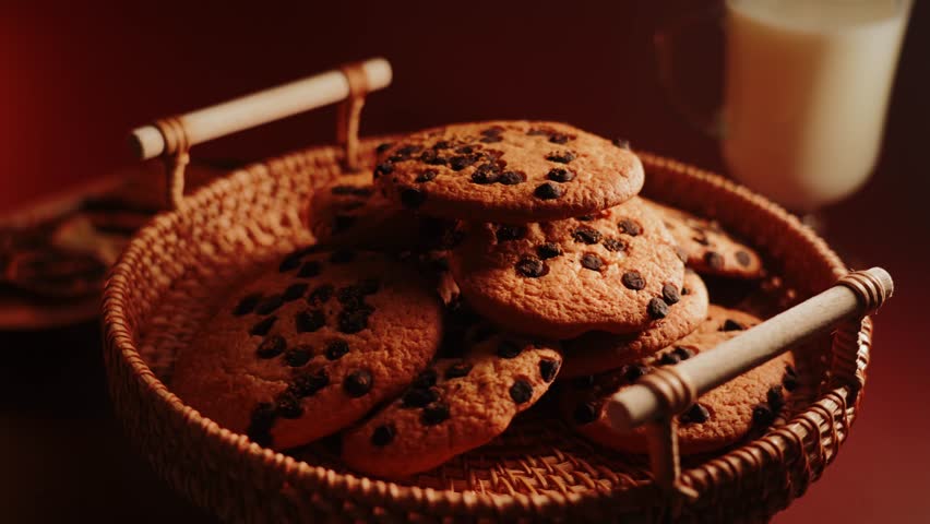 Soft chocolate chip cookies served with a glass of milk in a cozy setting