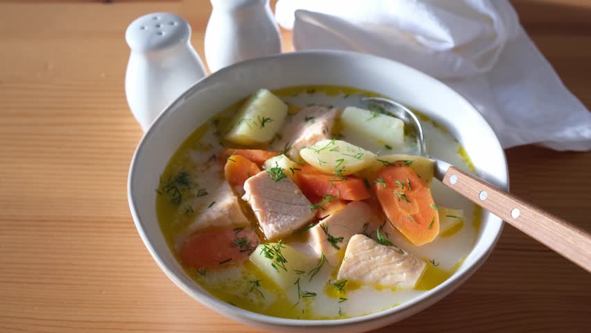 Finnish salmon soup with potatoes, carrots, and cream.