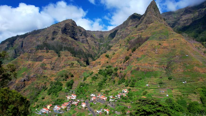 Madeira island nature beauty scenery. Stunning mountains and view points (miradours) in winding road in central part (Serra de agua). hiking routes. Portugal aerial drone footage