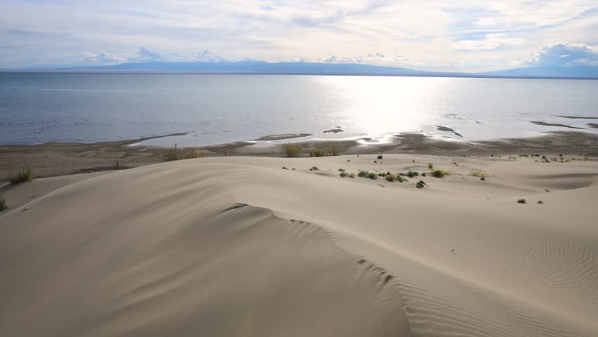 The golden sand dunes of the Durgun Nuur desert form a unique shoreline against the vast, sunlit waters of the lake. A beautiful and remote Mongolian landscape.