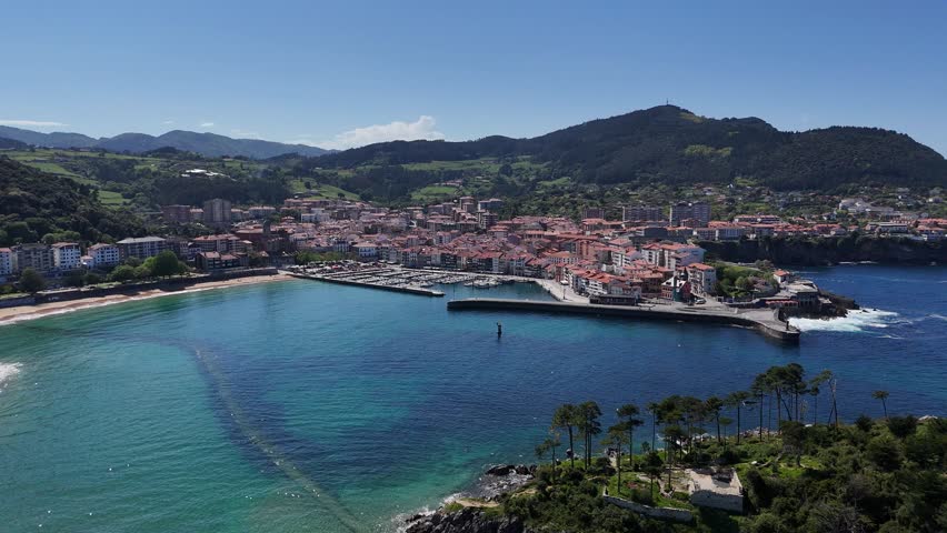View of Lekeitio port and village at the coast of the Basque Country.