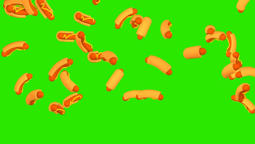 Rain of hot dogs falling on green screen background, seamless looped 3D animation of fast food snack for advertising, cafe, menu, funny projects and chroma key use