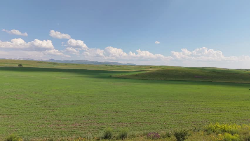 Fluffy white clouds racing across lush green meadow, sweeping over rolling hills with distant mountain range under bright summer sky