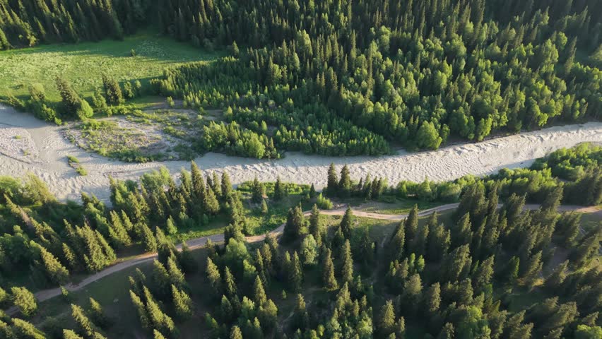 Natural landscape revealing winding river flowing through lush woodland, carving scenic path across verdant valley with serene, untouched wilderness characteristics