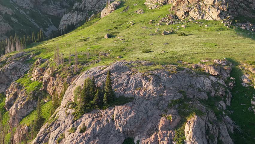 Warm sunlight streaming across verdant mountain slope, revealing rocky terrain with soft green grasses and expansive wilderness landscape bathed in bright natural illumination