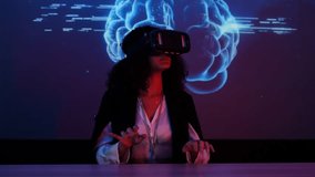 businesswoman wearing virtual reality glasses demonstrates how to use a data management system, business intelligence, data statistics, marketing analysis,key performance indicators  - Powered by Shutterstock - Get 15% off with code: PIKWIZARD15