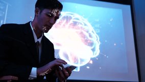 Businessman holding a smartphone demonstrates and explains to a meeting how to use a data management system, business intelligence, data statistics, marketing analysis, key performance indicators. - Powered by Shutterstock - Get 15% off with code: PIKWIZARD15