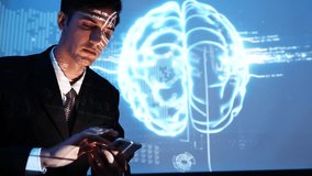 Businessman holding a smartphone demonstrates and explains to a meeting how to use a data management system, business intelligence, data statistics, marketing analysis, key performance indicators. - Powered by Shutterstock - Get 15% off with code: PIKWIZARD15