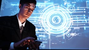 Businessman holding a smartphone demonstrates and explains to a meeting how to use a data management system, business intelligence, data statistics, marketing analysis, key performance indicators. - Powered by Shutterstock - Get 15% off with code: PIKWIZARD15