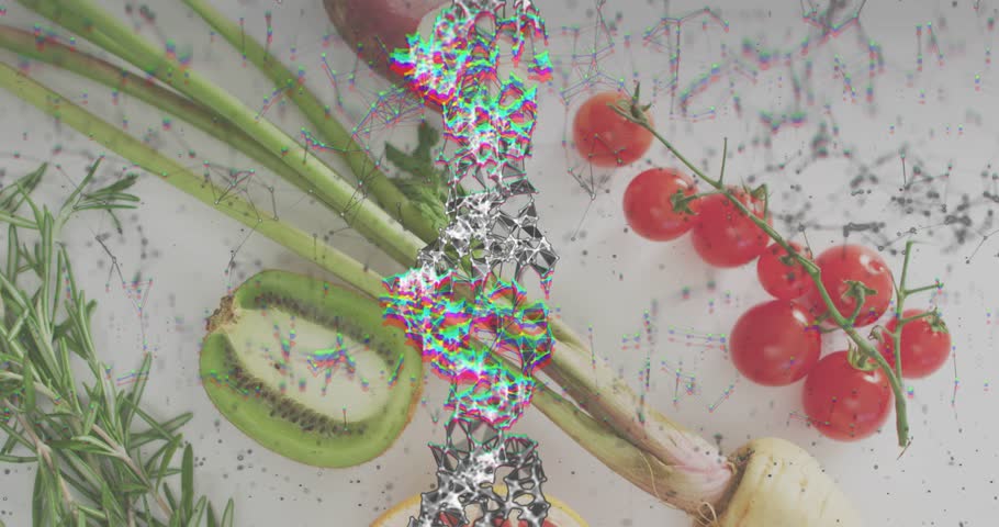 Digital glitch starting top center, descending over fresh produce while revealing colorful fruits. Cryptocurrency, technology, innovation, digital art, futuristic, abstract, vibrant