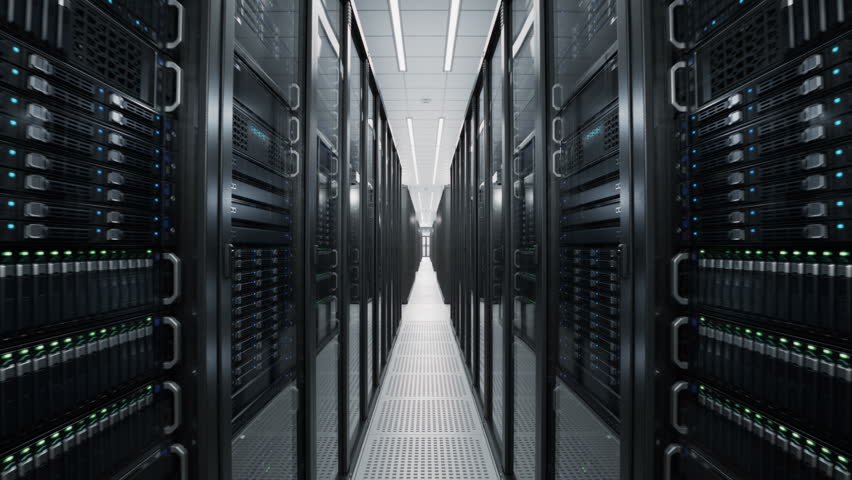 Corridor with Server Cabinets with Blinking Lights Inside Large Datacenter. ML, LLM, Artificial Intelligence Training Cluster. AI, Data Center, Supercomputer and Advanced Cloud Computing Concept.