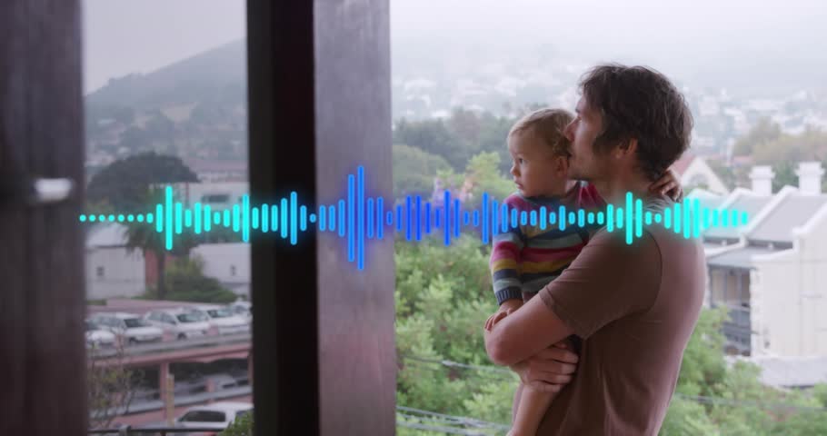 Father bringing baby closer to glass and educating on skyline with animated audio overlay pulsing. Family, mentorship, aesthetic, urban, natural, nurturing, communication