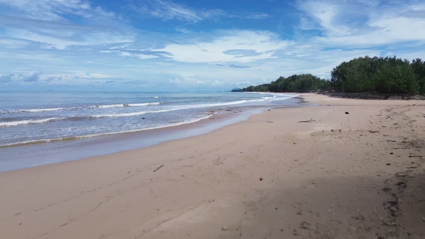 Drone aerial of Long Beach shoreline in Thailand, featuring a scenic coast with dense pine forest and scattered palm trees along sandy beach and turquoise sea under tropical sunlight.