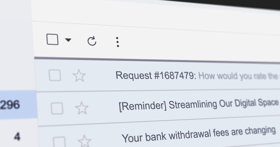 Incoming email with title "Your Pay Stub Is Ready to View", new e-mail with wage statement information, webmail interface close up footage