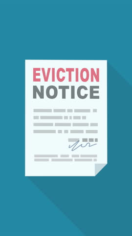 Eviction notice in flat design style appears on blue background with long shadow (portrait)