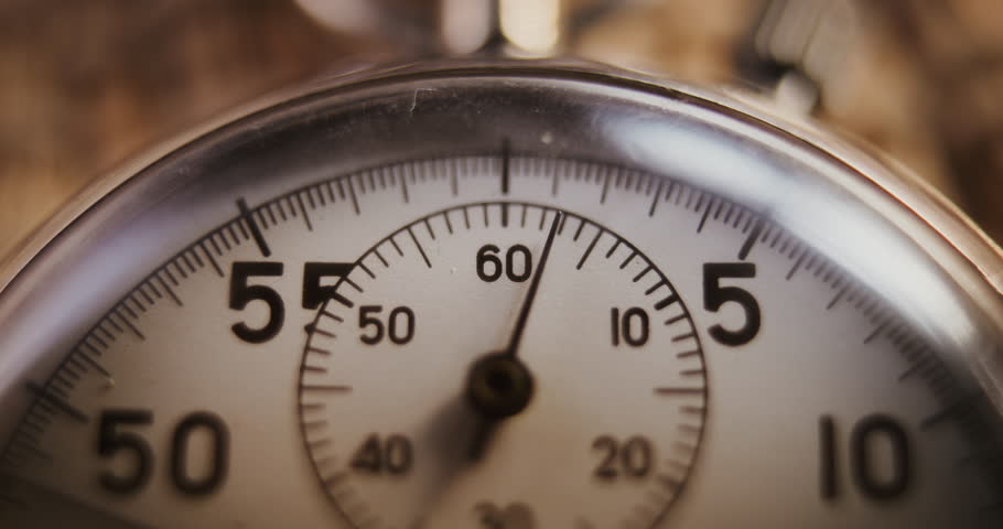 Time Lapse: Macro Close Up Shot of Mechanical Stopwatch with Metallic Case and Dial with Running Second Hand. Details Symbolizing Sports, Competition, Countdown, Measurement of Athletic Performance.