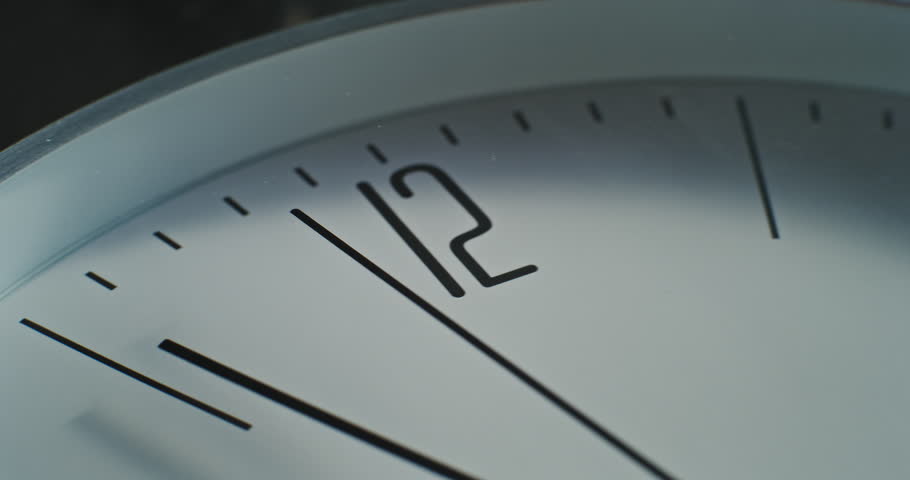 Macro Close Up Shot of Clock Dial. Camera Following the Second Hand on Minimalist Wall Clock. Contemporary Design Element of Interior. Concept of Time, Punctuality, Time Management and Lifestyle.