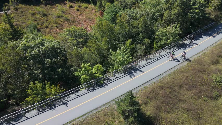 Drone Shot Two Cyclists In Helmets Biking Along A Sunlit Pathway Through Green Forest By A Sparkling Lake. Peaceful Summer Outdoor Adventure, Nature, Health, Freedom, And Eco-Friendly Lifestyle.