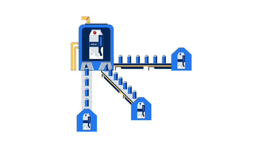 Milk monopoly production line 2D animation. Centralized system distributing dairy cartons. Single supplier in market animated composition cartoon flat concept metaphor 4K video isolated on white