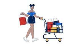 Black female consumer with shopping cart cartoon animation. Boutique customer shoppingcart. Happy buyer african american woman animated flat 2D character 4K video isolated on white, scene storytelling - Powered by Shutterstock - Get 15% off with code: PIKWIZARD15